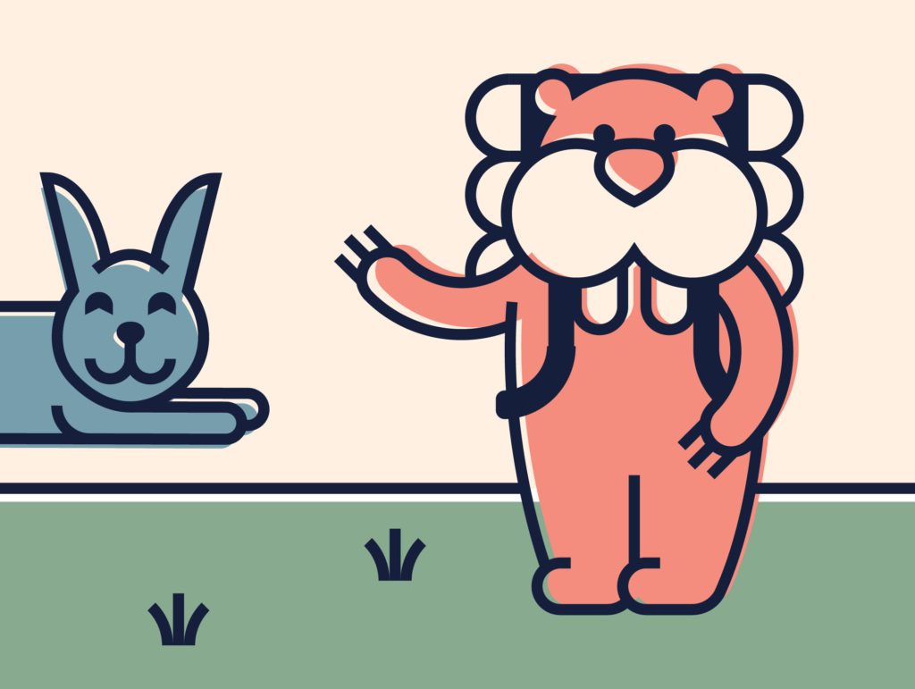 castor de dibujos animados saludando a un conejo