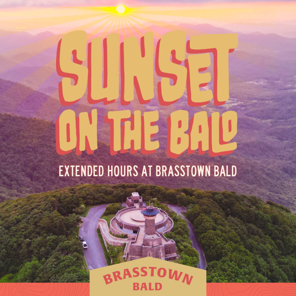 Sunset on the Bald flyer: aerial view of the Brasstown Bald summit observation tower at sunset over the mountains, with the words Extended Hours at Brasstown Bald